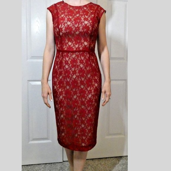 Red Dress Modest Lace Sheath Bodycon Cocktail Party French Connection Size 4 - Picture 1 of 10